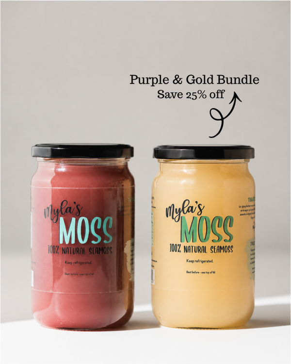 Purple and Gold Bundle: two jars of Myla's Moss sea moss gel side by side, save 25% off