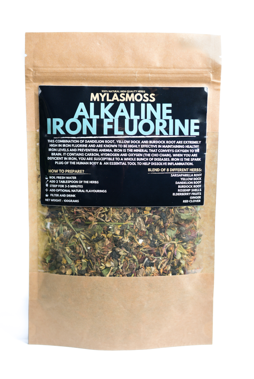 Packaging of Myla's Moss Alkaline Iron Fluorine blend, displaying the product name and herbs contained within.